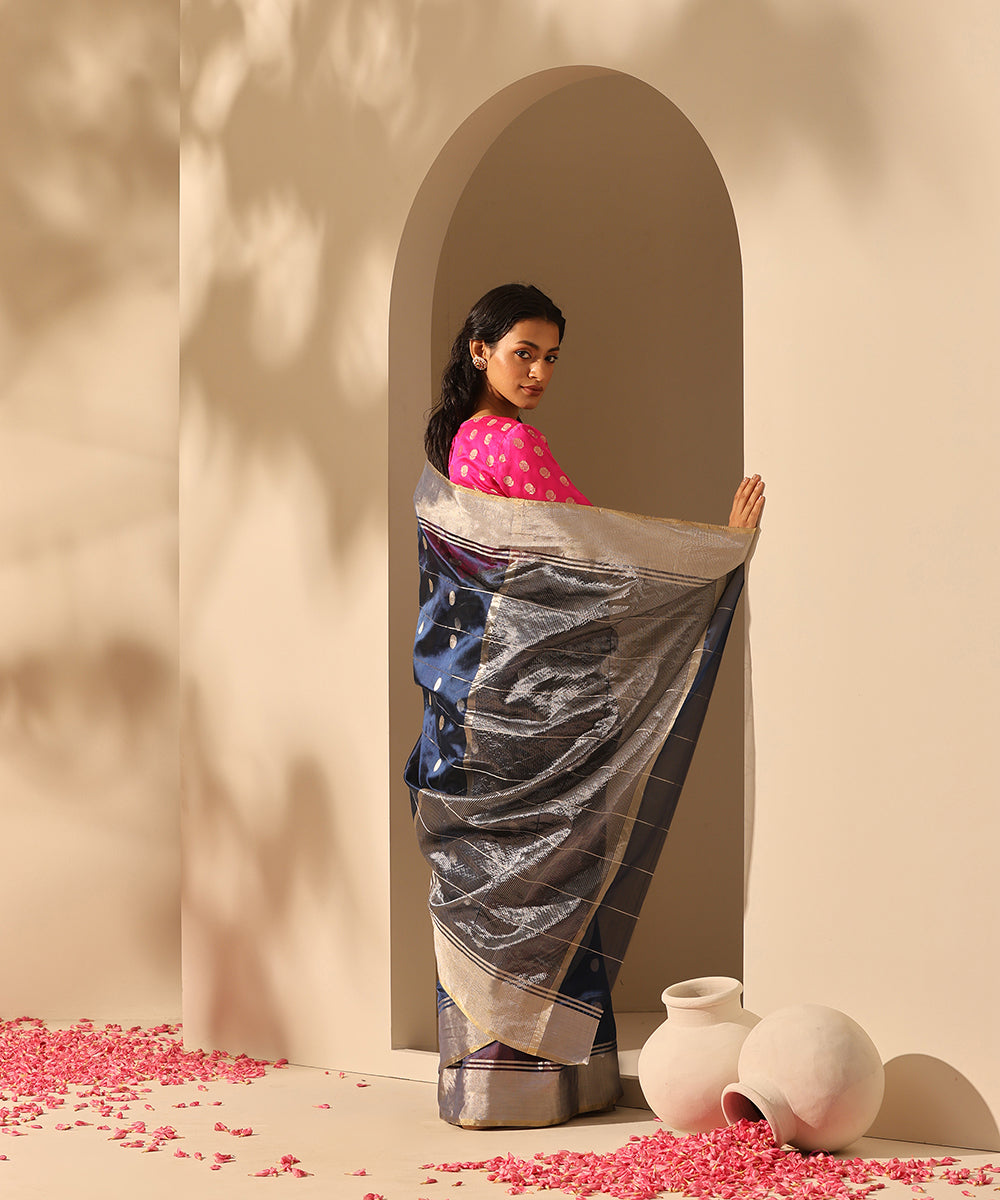 Navy_Blue_Handloom_Pure_Chanderi_Silk_Saree_With_Silver_Zari_Stripes_And_Round_Booti_WeaverStory_03