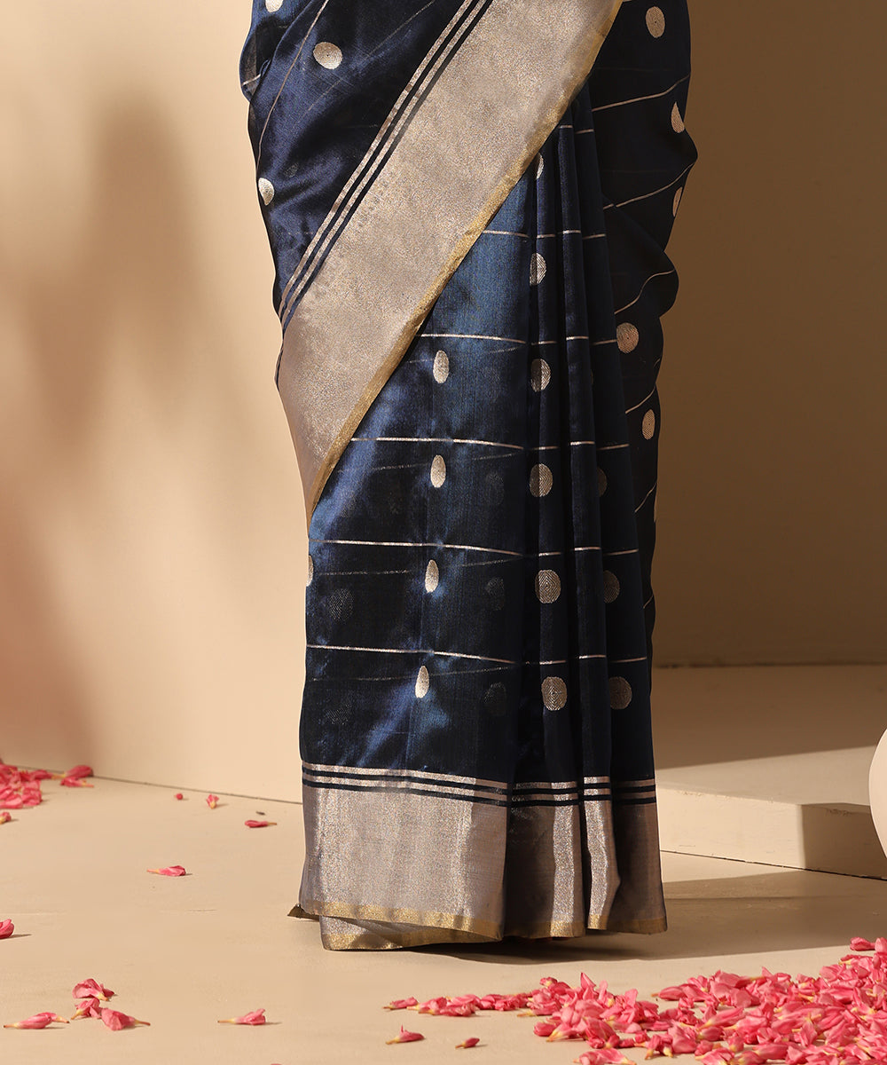 Navy_Blue_Handloom_Pure_Chanderi_Silk_Saree_With_Silver_Zari_Stripes_And_Round_Booti_WeaverStory_04