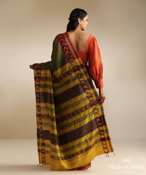 Green_Handloom_Pure_Tussar_Silk_Saree_With_Ikat_Dhanapatra_Design_WeaverStory_03