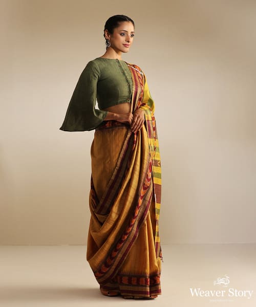 Handloom_Mustard_And_Green_Tussar_Silk_Single_Ikat_Saree_With_Dhanapatra_Design_WeaverStory_02