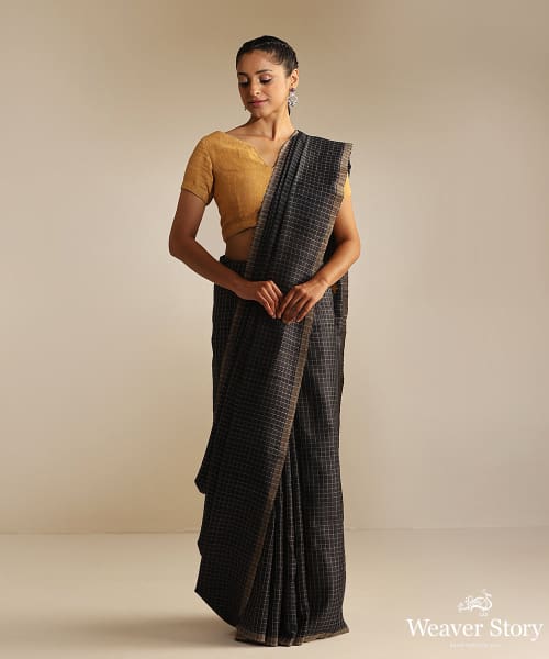Black_Handloom_Tussar_Cotton_Saree_With_Geometrical_Flower_And_Checks_WeaverStory_02