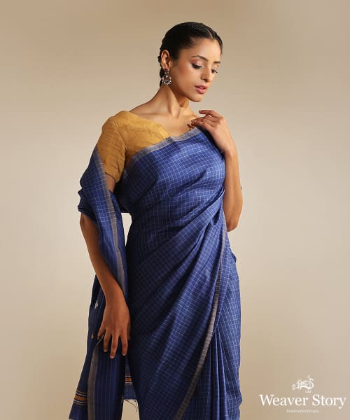 Blue_Handspun_Tussar_Cotton_Saree_With_Geometrical_Flower_And_Checks_WeaverStory_01