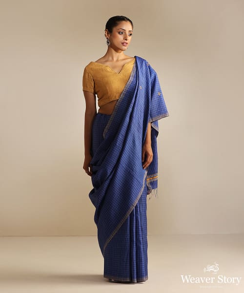 Blue_Handspun_Tussar_Cotton_Saree_With_Geometrical_Flower_And_Checks_WeaverStory_02