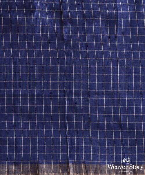 Blue_Handspun_Tussar_Cotton_Saree_With_Geometrical_Flower_And_Checks_WeaverStory_05