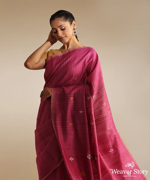 Magenta_Handspun_Tussar_Cotton_Saree_With_All_Over_Checks_And_Flowet_Grid_Design_WeaverStory_01