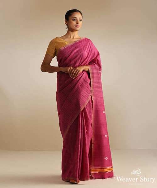 Magenta_Handspun_Tussar_Cotton_Saree_With_All_Over_Checks_And_Flowet_Grid_Design_WeaverStory_02