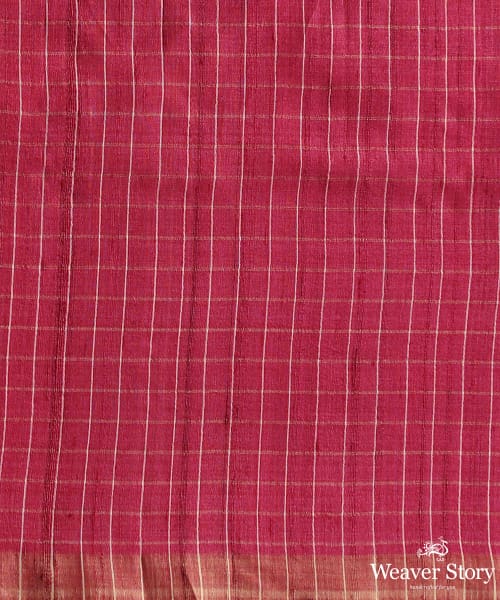 Magenta_Handspun_Tussar_Cotton_Saree_With_All_Over_Checks_And_Flowet_Grid_Design_WeaverStory_05