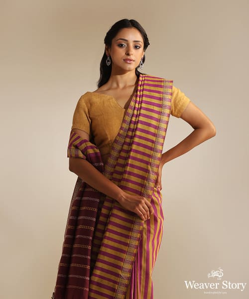 Purple_And_Mustard_Handloom_Mystical_Stripes_Tussar_Silk_Saree_With_Warp_Pallavi_Border_WeaverStory_01