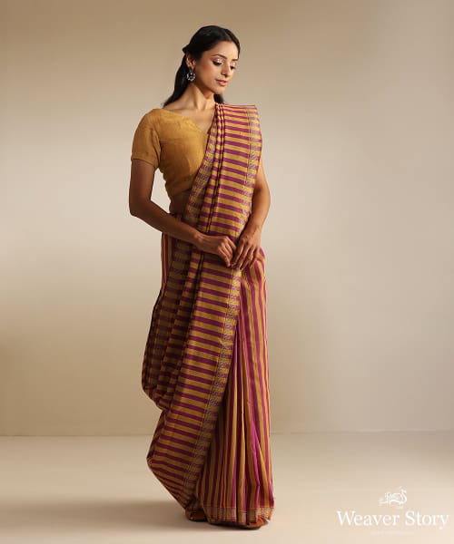 Purple_And_Mustard_Handloom_Mystical_Stripes_Tussar_Silk_Saree_With_Warp_Pallavi_Border_WeaverStory_02