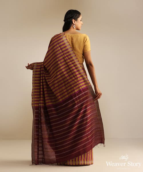 Purple_And_Mustard_Handloom_Mystical_Stripes_Tussar_Silk_Saree_With_Warp_Pallavi_Border_WeaverStory_03