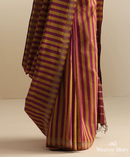 Purple_And_Mustard_Handloom_Mystical_Stripes_Tussar_Silk_Saree_With_Warp_Pallavi_Border_WeaverStory_04