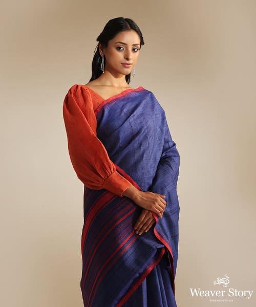 Handloom_Blue_Tussar_Silk_Plain_Saree_With_Red_Saree_WeaverStory_01