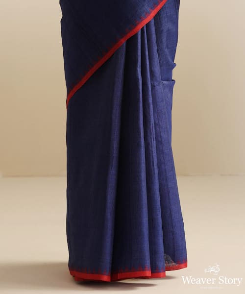 Handloom_Blue_Tussar_Silk_Plain_Saree_With_Red_Saree_WeaverStory_04