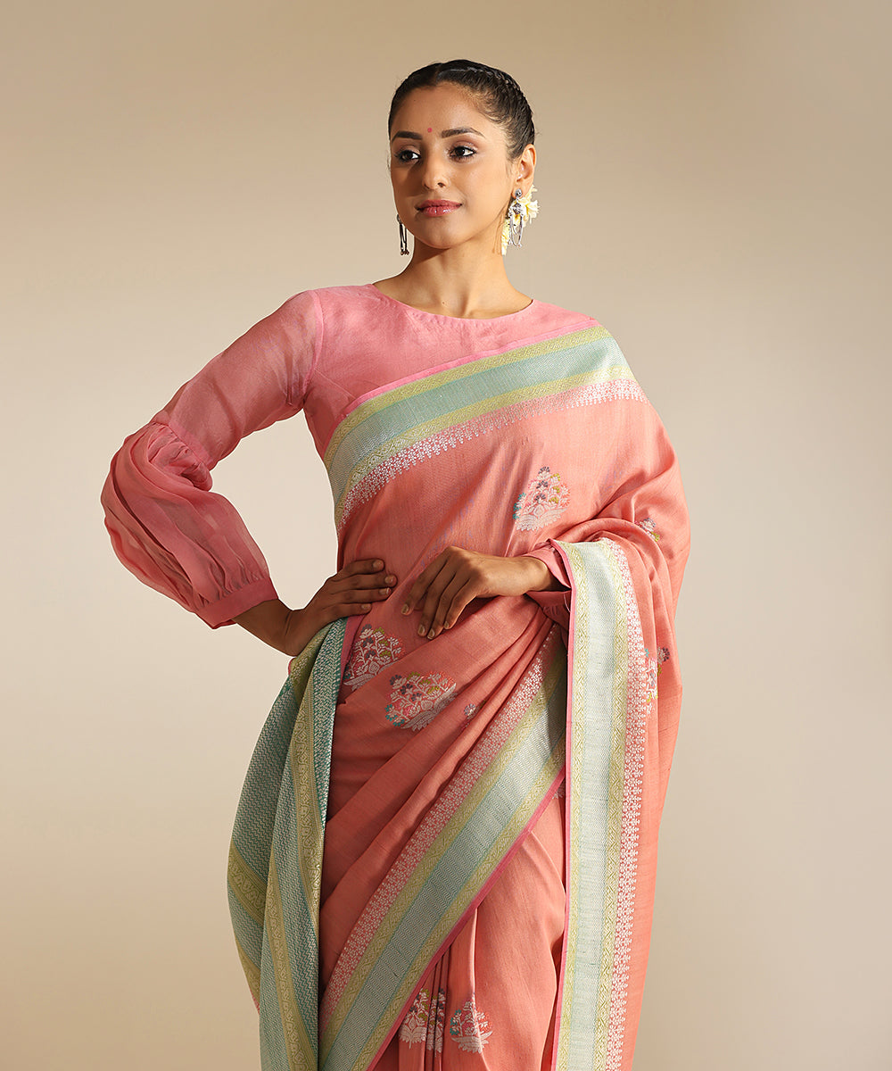 Handloom_Peach_Pure_Tussar_Georgette_Banarasi_Saree_With_Multi_Color_Meena_Booti_WeaverStory_01