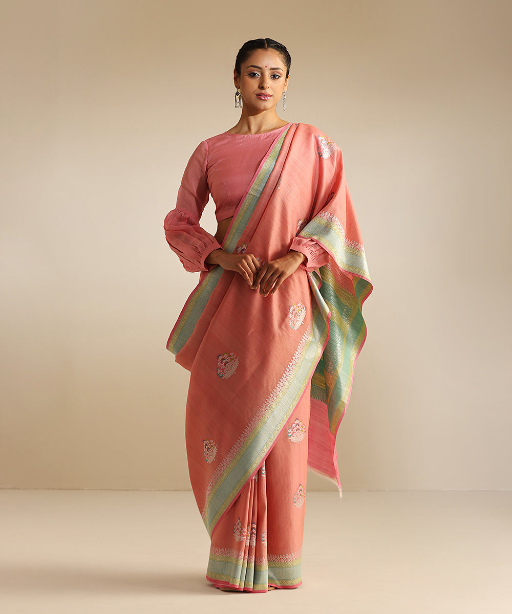 Handloom_Peach_Pure_Tussar_Georgette_Banarasi_Saree_With_Multi_Color_Meena_Booti_WeaverStory_02