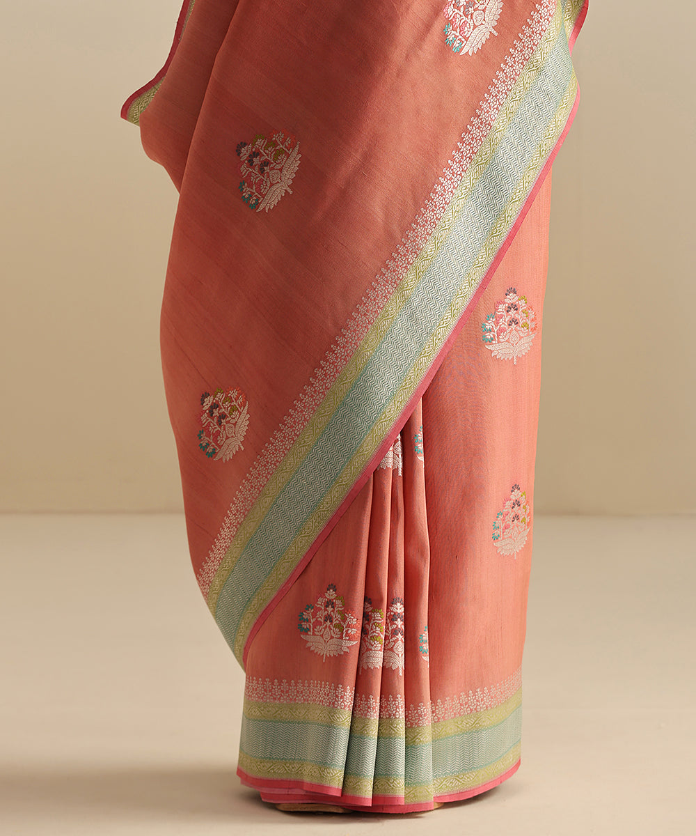 Handloom_Peach_Pure_Tussar_Georgette_Banarasi_Saree_With_Multi_Color_Meena_Booti_WeaverStory_04