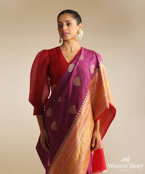 Purple_Handloom_Pure_Tussar_Georgette_Banarasi_Saree_With_Pink_And_Orange_Kadhiyal_Broad_Border_WeaverStory_01