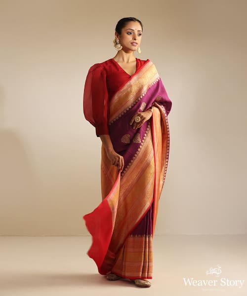 Purple_Handloom_Pure_Tussar_Georgette_Banarasi_Saree_With_Pink_And_Orange_Kadhiyal_Broad_Border_WeaverStory_02