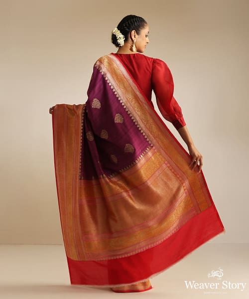Purple_Handloom_Pure_Tussar_Georgette_Banarasi_Saree_With_Pink_And_Orange_Kadhiyal_Broad_Border_WeaverStory_03