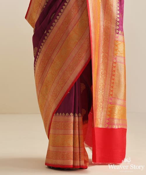 Purple_Handloom_Pure_Tussar_Georgette_Banarasi_Saree_With_Pink_And_Orange_Kadhiyal_Broad_Border_WeaverStory_04