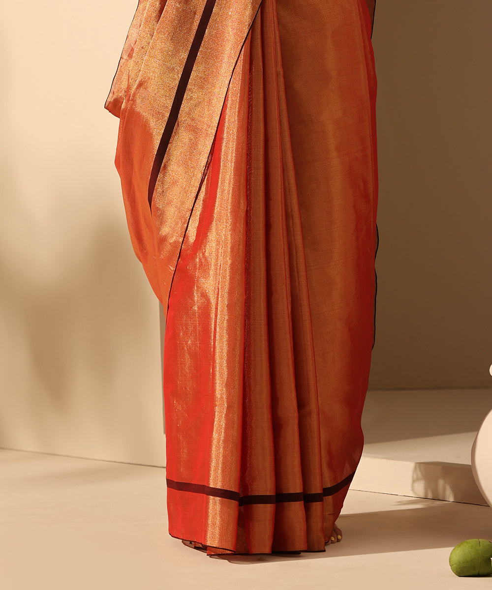 Handloom_Rust_And_Gold_Tissue_Chanderi_Silk_Saree_With_Black_Thin_Woven_Border_WeaverStory_04