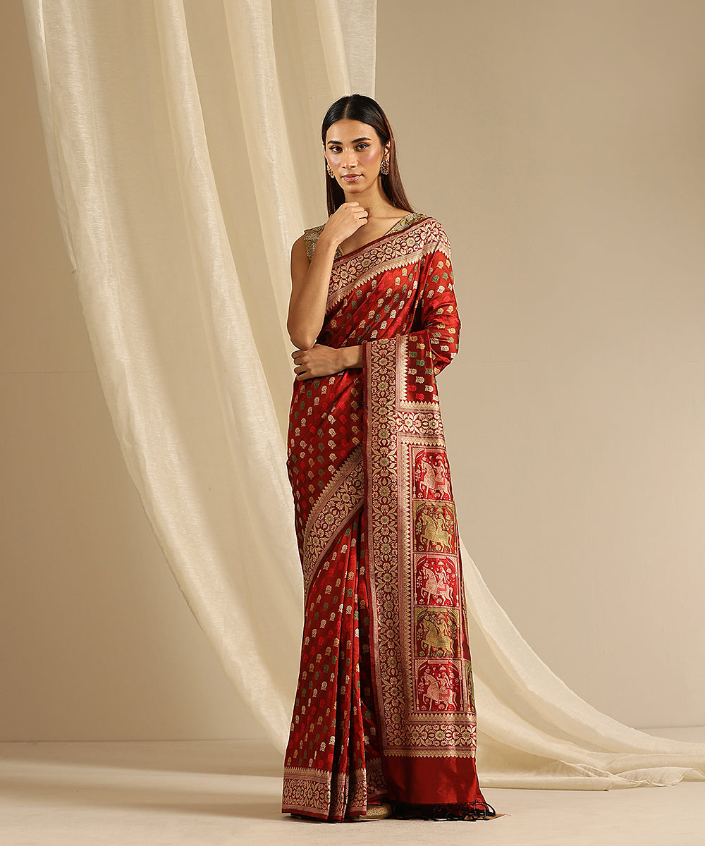 Rust_Handloom_Pure_Malda_Silk_Banarasi_Baluchari_Saree_With_Horse_Pallu_WeaverStory_02