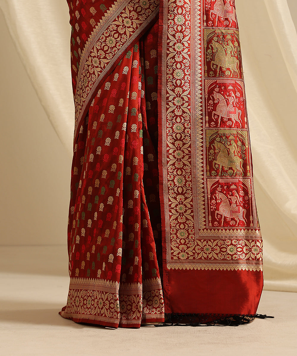 Rust_Handloom_Pure_Malda_Silk_Banarasi_Baluchari_Saree_With_Horse_Pallu_WeaverStory_04