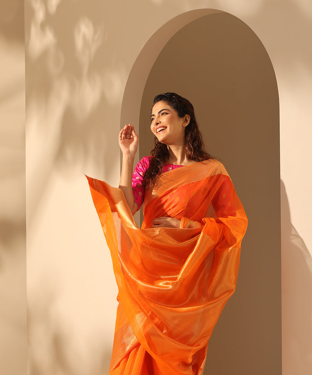 Orange_Handloom_Plain_Pure_Cotton_Chanderi_Saree_With_6_Inches_Border_WeaverStory_01