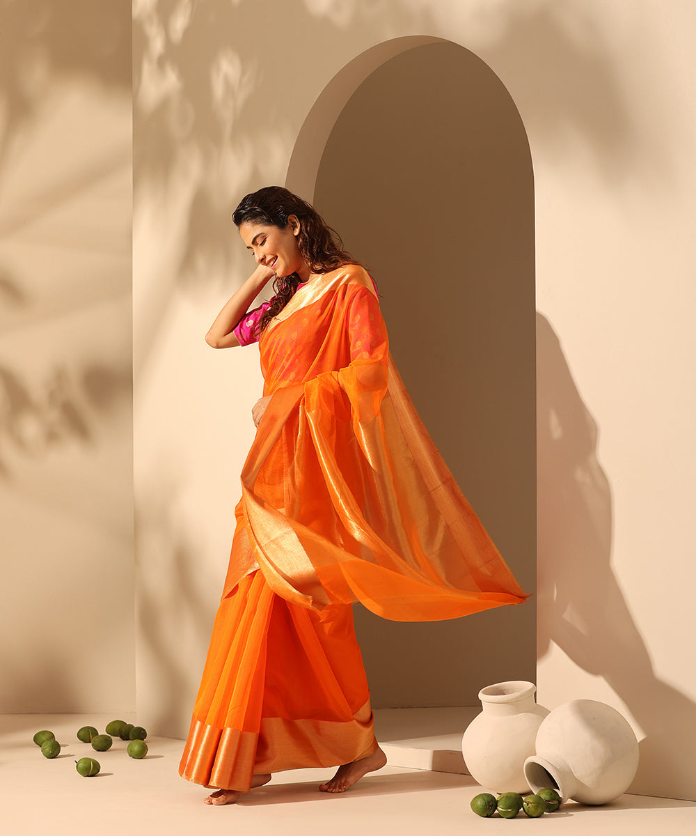 Orange_Handloom_Plain_Pure_Cotton_Chanderi_Saree_With_6_Inches_Border_WeaverStory_02