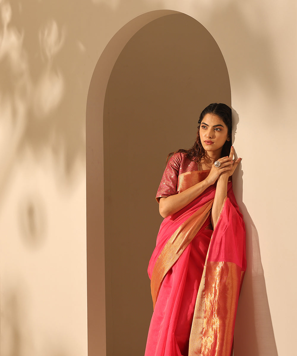 Hot_Pink_Handloom_Pure_Plain_Chanderi_Saree_With_6_Inches_Border_WeaverStory_01