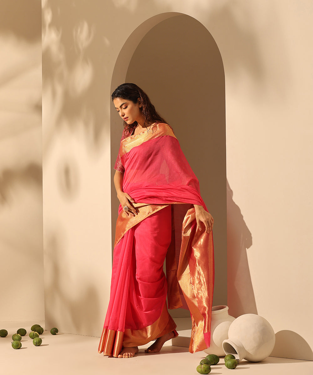 Hot_Pink_Handloom_Pure_Plain_Chanderi_Saree_With_6_Inches_Border_WeaverStory_02
