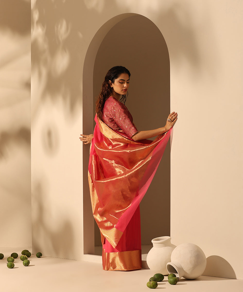 Hot_Pink_Handloom_Pure_Plain_Chanderi_Saree_With_6_Inches_Border_WeaverStory_03