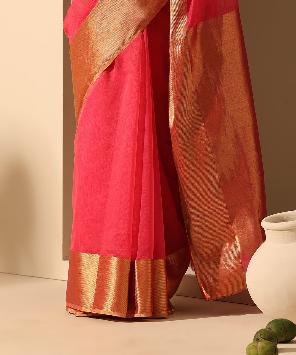 Hot_Pink_Handloom_Pure_Plain_Chanderi_Saree_With_6_Inches_Border_WeaverStory_04