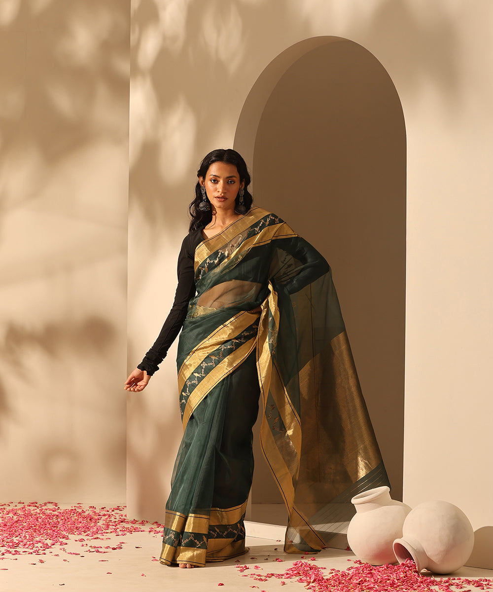 Handloom_Dark_Bottle_Green_Pure_Plain_Organza_Saree_With_Tissue_Border_WeaverStory_02