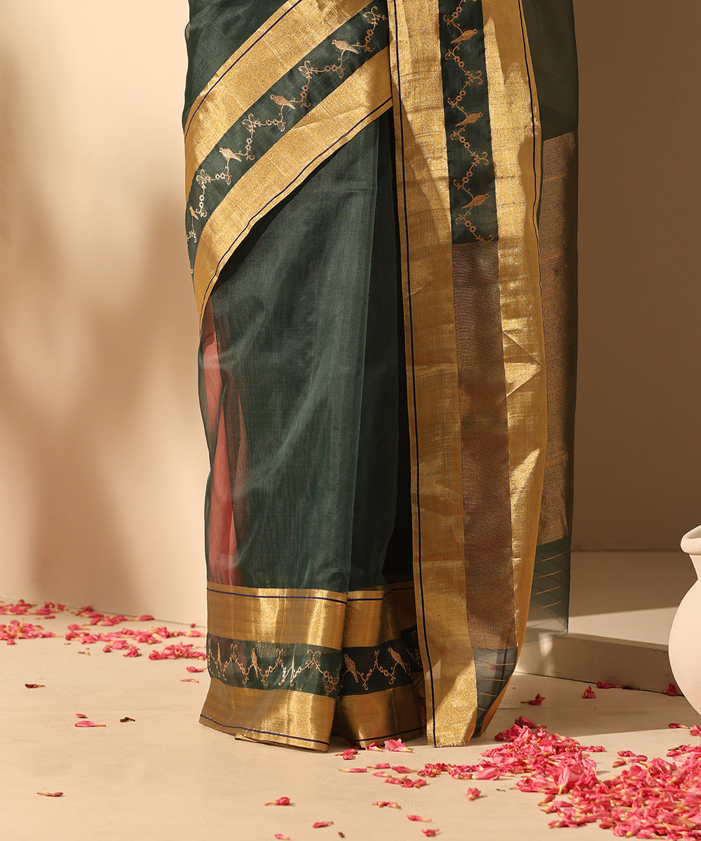 Handloom_Dark_Bottle_Green_Pure_Plain_Organza_Saree_With_Tissue_Border_WeaverStory_04