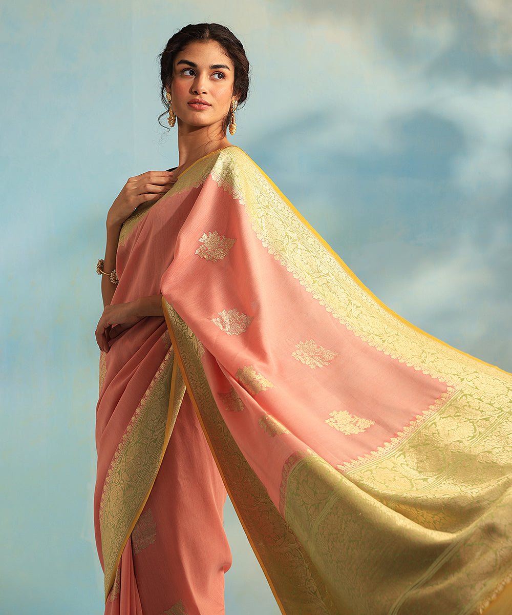 Handloom_Peach_Pure_Moonga_Silk_Banarasi_Saree_With_Kadhwa_Booti_And_Broad Border_WeaverStory_01