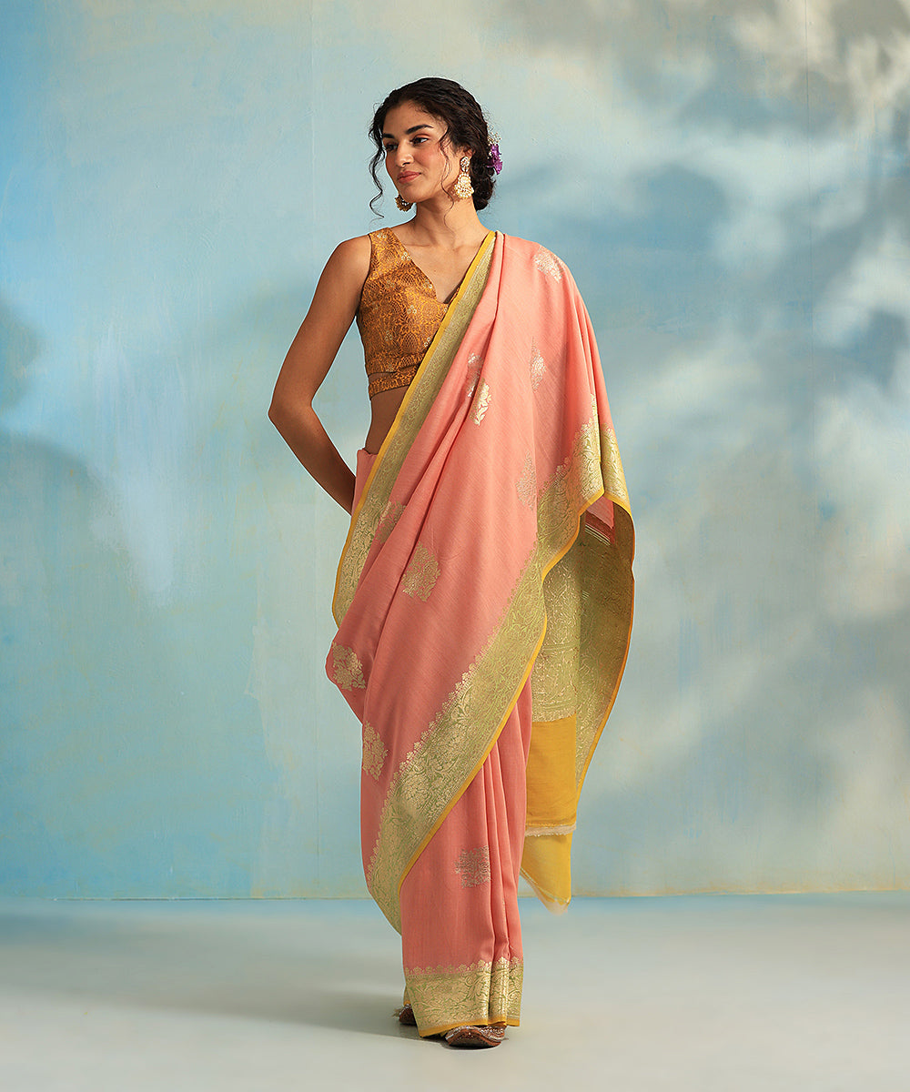 Handloom_Peach_Pure_Moonga_Silk_Banarasi_Saree_With_Kadhwa_Booti_And_Broad Border_WeaverStory_02
