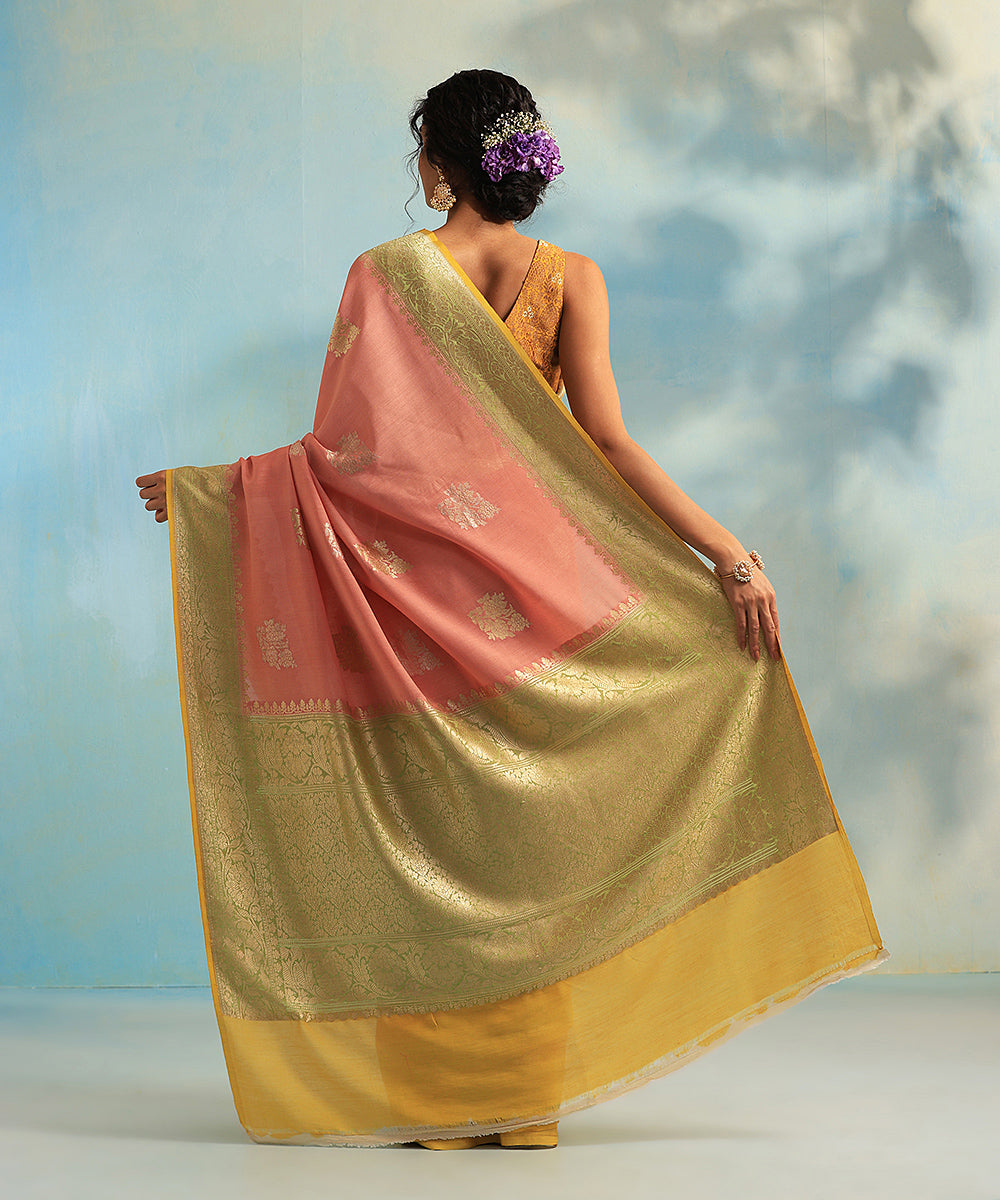 Handloom_Peach_Pure_Moonga_Silk_Banarasi_Saree_With_Kadhwa_Booti_And_Broad Border_WeaverStory_03
