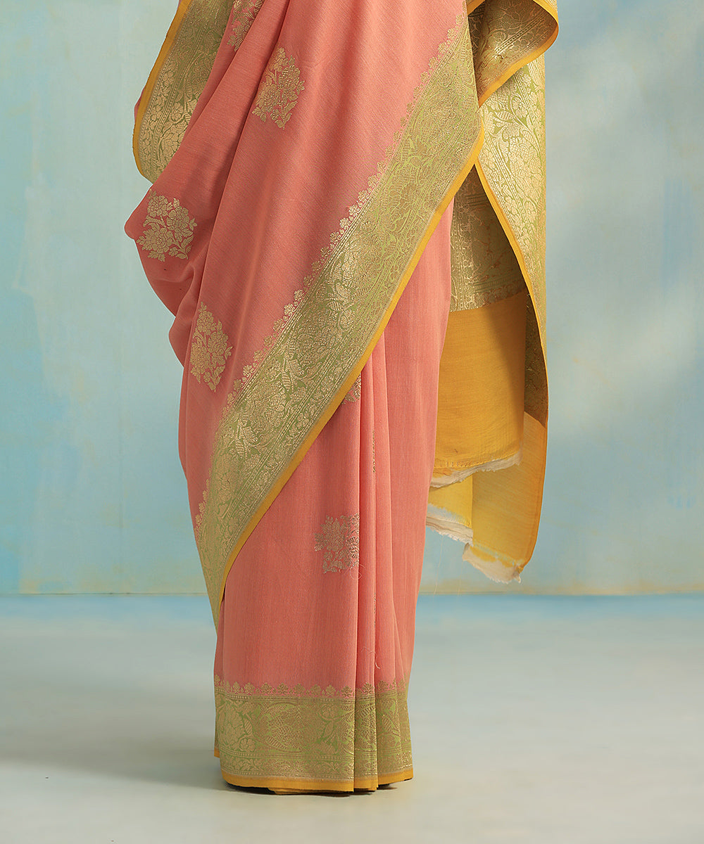 Handloom_Peach_Pure_Moonga_Silk_Banarasi_Saree_With_Kadhwa_Booti_And_Broad Border_WeaverStory_04