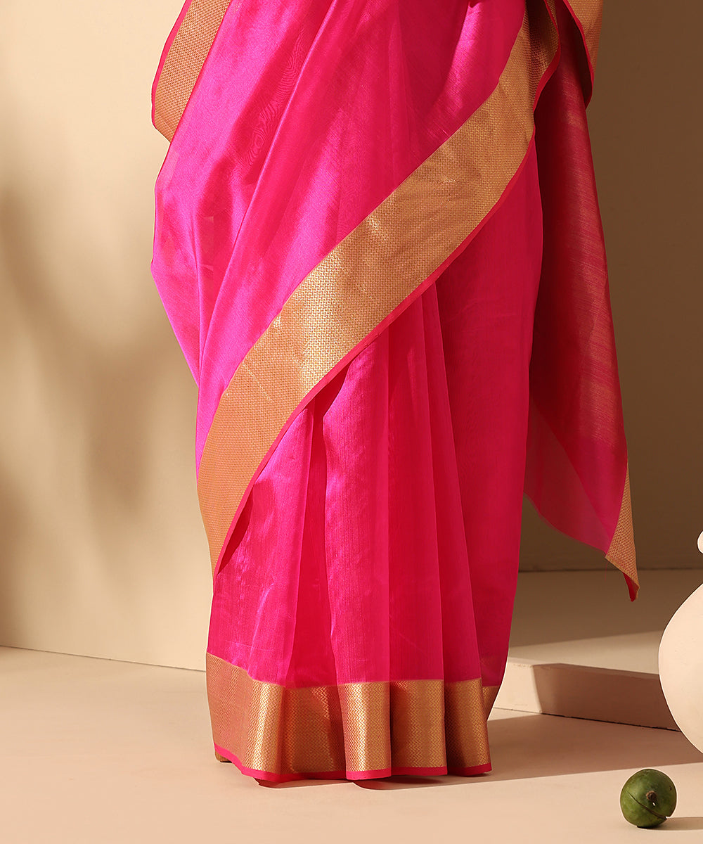 Handloom_Rani_Pink_Plain_Pure_Chanderi_Silk_Saree_With_Border_WeaverStory_04