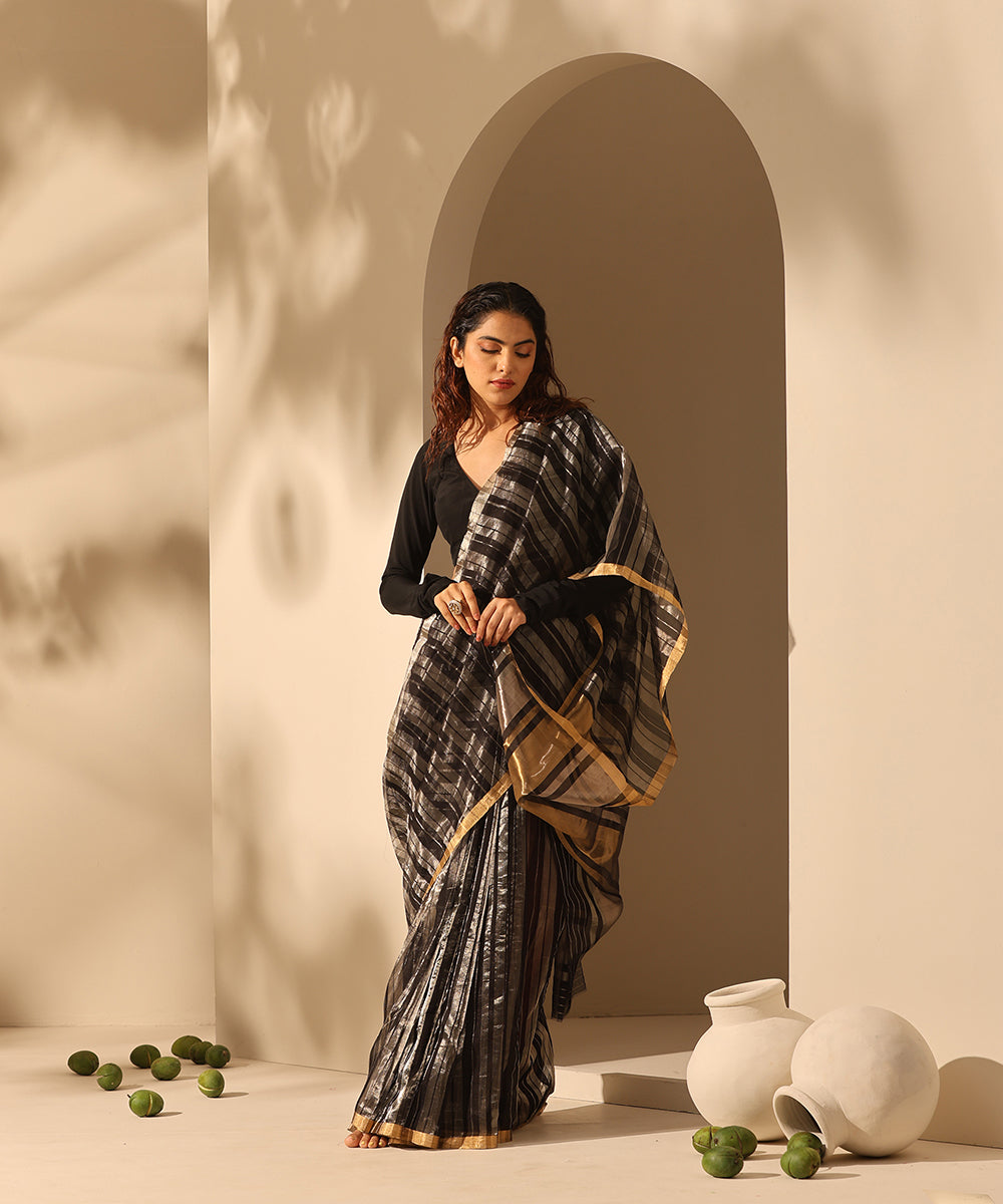 Handloom_Black_And_Silver_Pure_Chanderi_Striped_Saree_WeaverStory_02