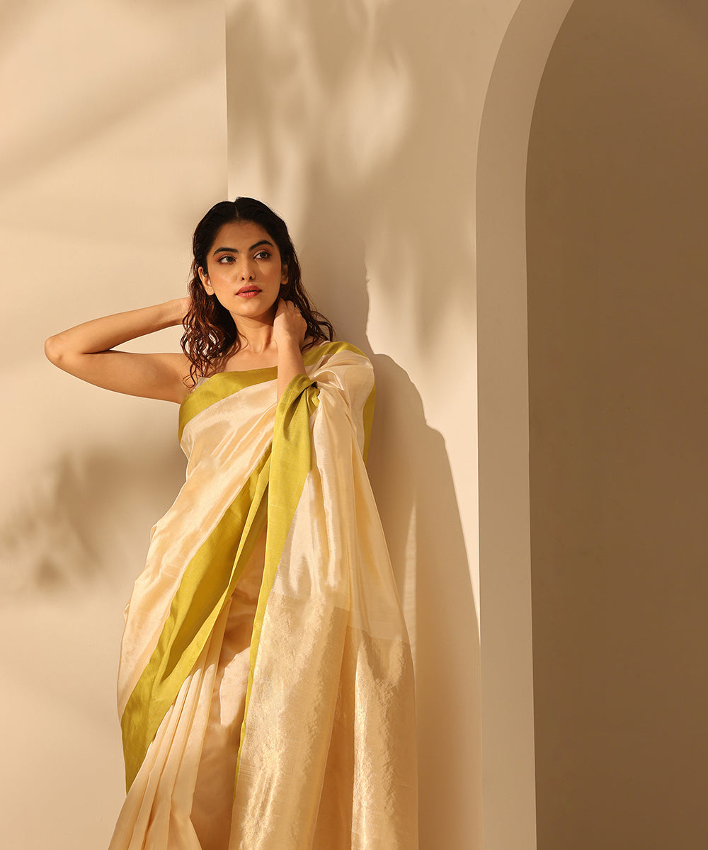Cream_Handloom_Plain_Pure_Chanderi_Silk_Saree_With_Mashroo_Lime_Green_Border_WeaverStory_01