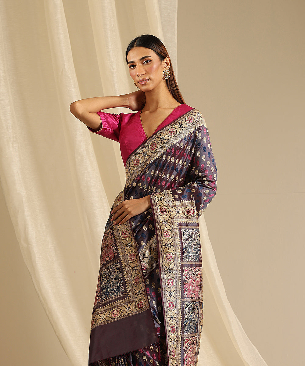 Pastel_Grey_Handloom_Pure_Malda_Silk_Banarasi_Baluchari_Saree_With_Elephant_Pallu_WeaverStory_01