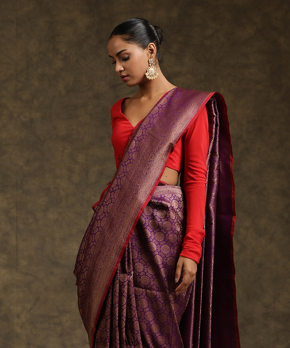 Handloom_Dark_Violet_Pure_Katan_Silk_Bkimkhab_Banarasi_Saree_With_Maroon_Selvedge_WeaverStory_01