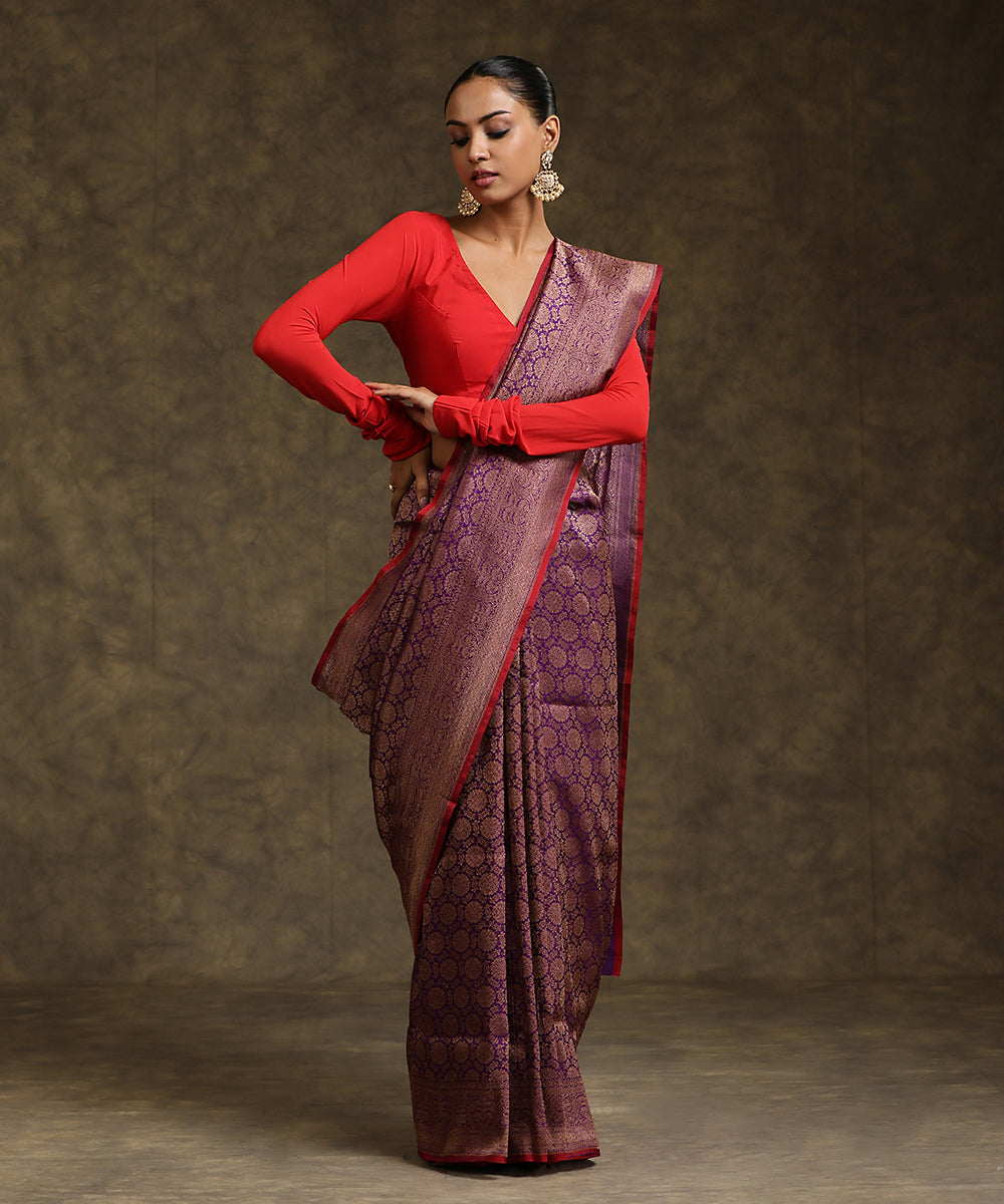 Handloom_Dark_Violet_Pure_Katan_Silk_Bkimkhab_Banarasi_Saree_With_Maroon_Selvedge_WeaverStory_02