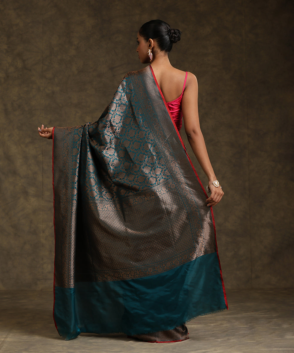 Handloom_Teal_Green_Pure_Katan_Silk_Kimkhab_Banarasi_Saree_With_Maroon_Selvedge_WeaverStory_03