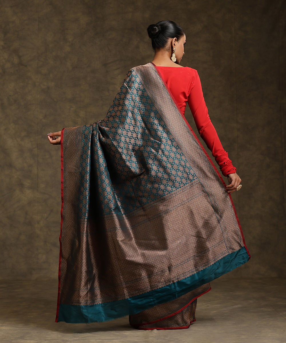 Teal_Green_Handloom_Pure_Katan_Silk_Kimkhab_Banarasi_Saree_With_Maroon_Selvedge_WeaverStory_03