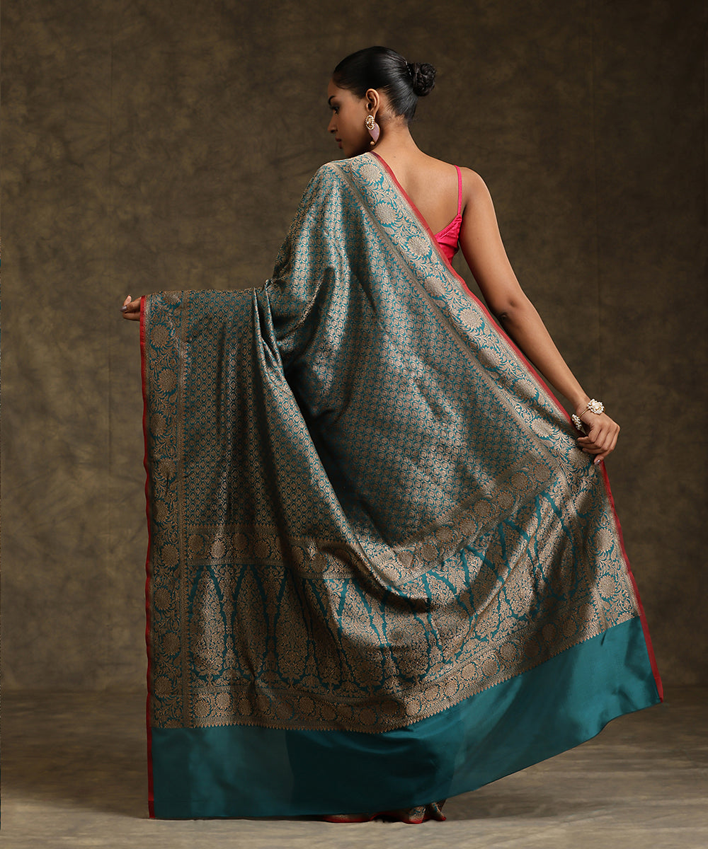 Teal_Green_Handloom_Kimkhab_Pure_Katan_Silk_Banarasi_Saree_With_Maroon_Selvedge_WeaverStory_03