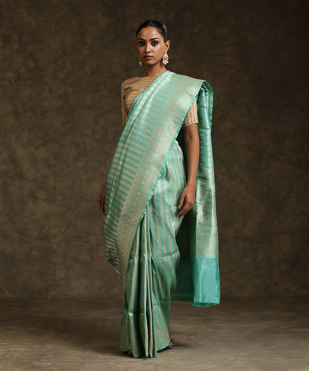 Mint_Green_Handloom_Pure_Katan_Silk_Banarasi_Saree_With_All_Over_Zari_Stripes_And_Border_WeaverStory_02