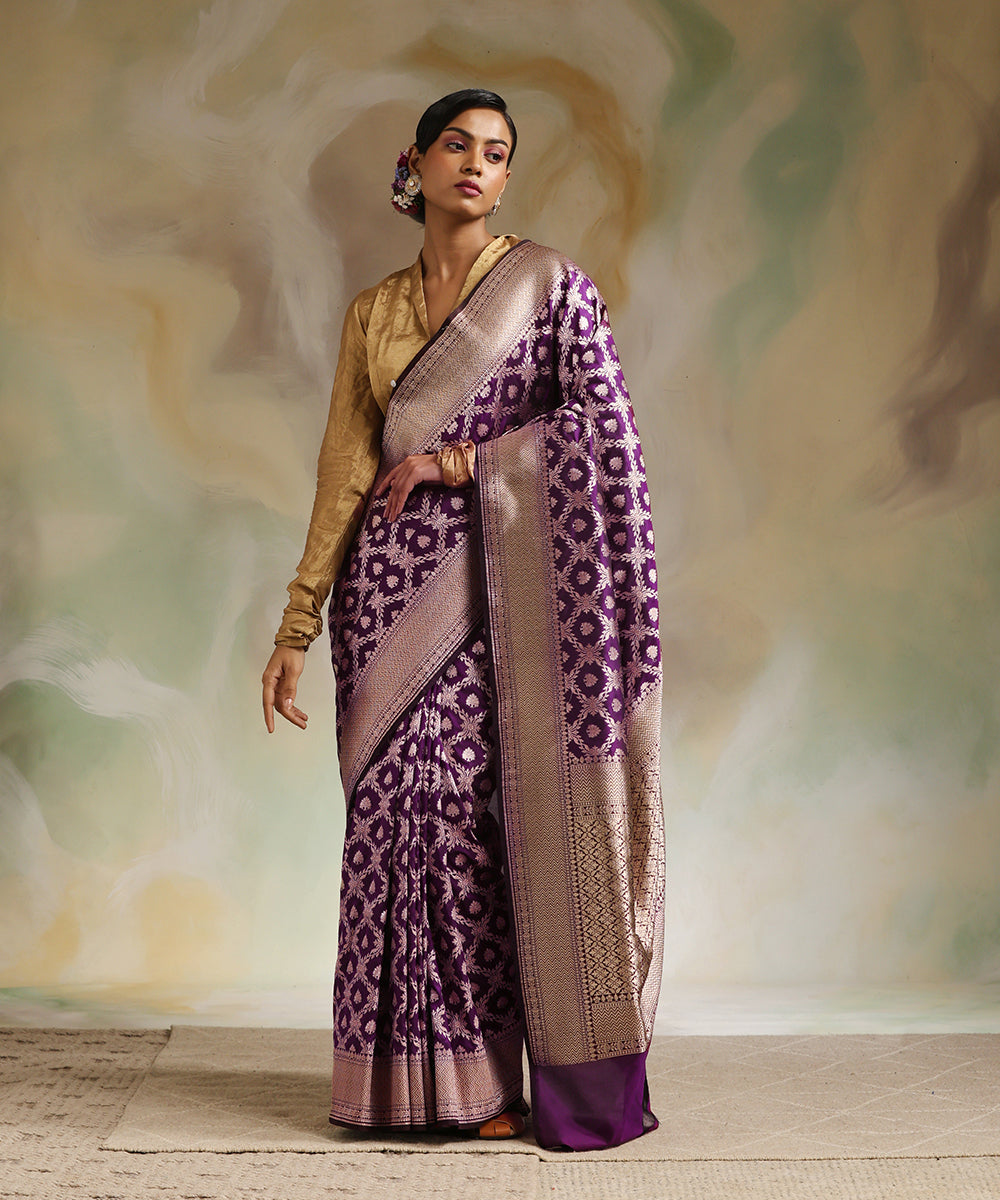 Purple_Handloom_Pure_Katan_Silk_Banarasi_Saree_With_Golden_Cutwork_Jaal_WeaverStory_02